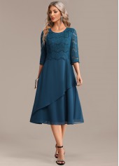 Peacock Blue Lace 3/4 Sleeve Round Neck Dress