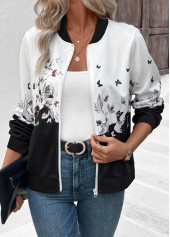 White Zipper Floral Print Long Sleeve Stand Collar Jacket