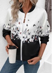 White Zipper Floral Print Long Sleeve Stand Collar Jacket | thumb picture 