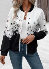 White Zipper Floral Print Long Sleeve Stand Collar Jacket | thumb picture 