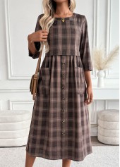Dark Coffee Tummy Coverage Plaid 3/4 Sleeve Dress | thumb picture 