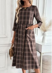 Dark Coffee Tummy Coverage Plaid 3/4 Sleeve Dress | thumb picture 