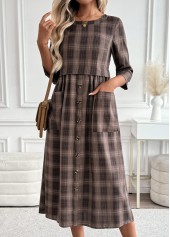 Dark Coffee Tummy Coverage Plaid 3/4 Sleeve Dress