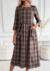 Dark Coffee Tummy Coverage Plaid 3/4 Sleeve Dress | thumb picture 