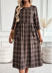 Dark Coffee Tummy Coverage Plaid 3/4 Sleeve Dress | thumb picture 