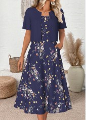 Navy Floral Print Half Sleeve Dress and Cardigan