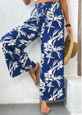 Dark Blue Plants Print Wide Leg Elastic Waist Pants | thumb picture 