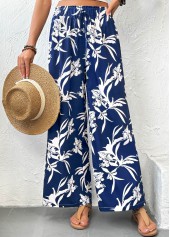 Dark Blue Plants Print Wide Leg Elastic Waist Pants
