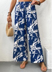 Dark Blue Plants Print Wide Leg Elastic Waist Pants | thumb picture 