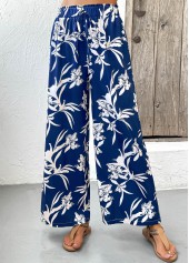 Dark Blue Plants Print Wide Leg Elastic Waist Pants | thumb picture 