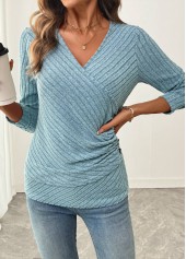 Dusty Blue Surplice Long Sleeve V Neck T Shirt | thumb picture 