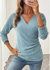 Dusty Blue Surplice Long Sleeve V Neck T Shirt | thumb picture 