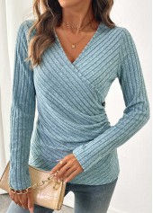 Dusty Blue Surplice Long Sleeve V Neck T Shirt