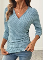 Dusty Blue Surplice Long Sleeve V Neck T Shirt | thumb picture 