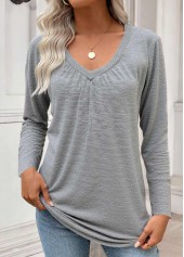 Grey Tummy Coverage Long Sleeve V Neck T Shirt