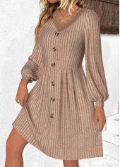 Light Coffee Patchwork Long Sleeve V Neck Dress | thumb picture 
