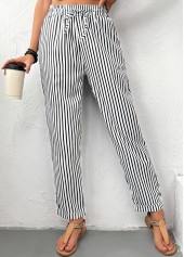 Black Pocket Striped Straight Leg Elastic Waist Pants | thumb picture 