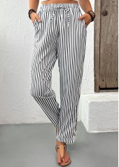 Black Pocket Striped Straight Leg Elastic Waist Pants