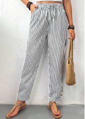 Black Pocket Striped Straight Leg Elastic Waist Pants | thumb picture 