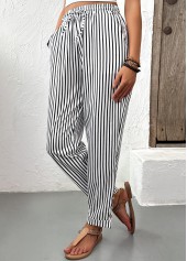 Black Pocket Striped Straight Leg Elastic Waist Pants | thumb picture 