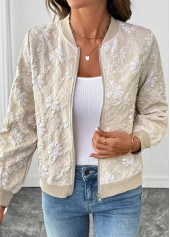 Light Coffee Zipper Long Sleeve Stand Collar Jacket