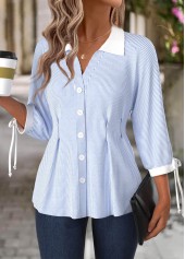 Light Blue Striped 3/4 Sleeve Turn Down Collar Blouse | thumb picture 