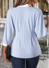 Light Blue Striped 3/4 Sleeve Turn Down Collar Blouse | thumb picture 