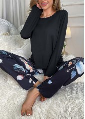 Black Floral Print Long Sleeve Lounge Top and Pants
