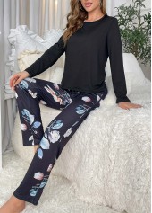 Black Floral Print Long Sleeve Lounge Top and Pants | thumb picture 