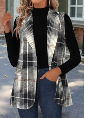 Black Tummy Coverage Plaid Sleeveless Lapel Waistcoat
