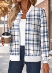 Blue Tummy Coverage Plaid Long Sleeve Stand Collar Jacket
