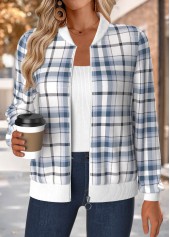 Blue Tummy Coverage Plaid Long Sleeve Stand Collar Jacket | thumb picture 