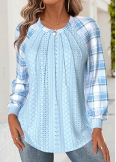 Light Blue Tummy Coverage Plaid Long Sleeve Sweatshirt