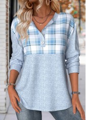 Light Blue Tummy Coverage Plaid Long Sleeve Sweatshirt
