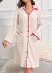 Beige Long Sleeve Turn Down Collar Nightdress