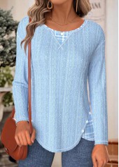 Light Blue Tummy Coverage Plaid Long Sleeve T Shirt