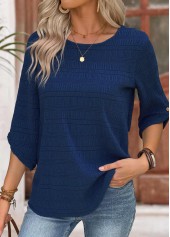 Navy Button 3/4 Sleeve Round Neck Blouse