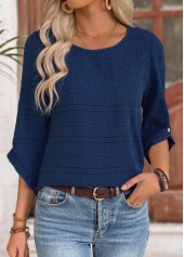 Navy Button 3/4 Sleeve Round Neck Blouse | thumb picture 