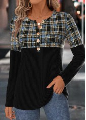 Black Tummy Coverage Plaid Long Sleeve T Shirt