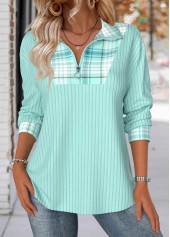 Light Green Tummy Coverage Plaid Long Sleeve Sweatshirt