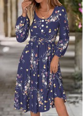 Navy Tummy Coverage Floral Print Long Sleeve Dress