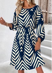 Blue Tummy Coverage Geometric Print 3/4 Sleeve Dress