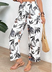 White Leaf Print Straight Leg Elastic Waist Pants | thumb picture 