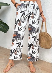 White Leaf Print Straight Leg Elastic Waist Pants | thumb picture 