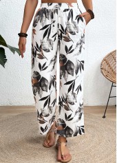 White Leaf Print Straight Leg Elastic Waist Pants | thumb picture 