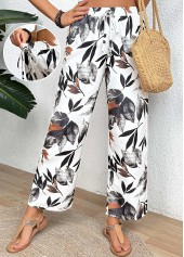 White Leaf Print Straight Leg Elastic Waist Pants