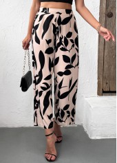Light Camel Leaf Print Wide Leg Elastic Waist Pants