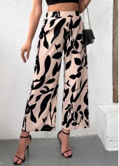 Light Camel Leaf Print Wide Leg Elastic Waist Pants | thumb picture 