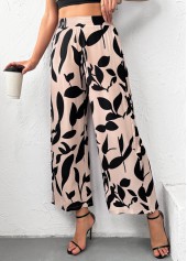 Light Camel Leaf Print Wide Leg Elastic Waist Pants | thumb picture 