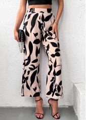 Light Camel Leaf Print Wide Leg Elastic Waist Pants | thumb picture 